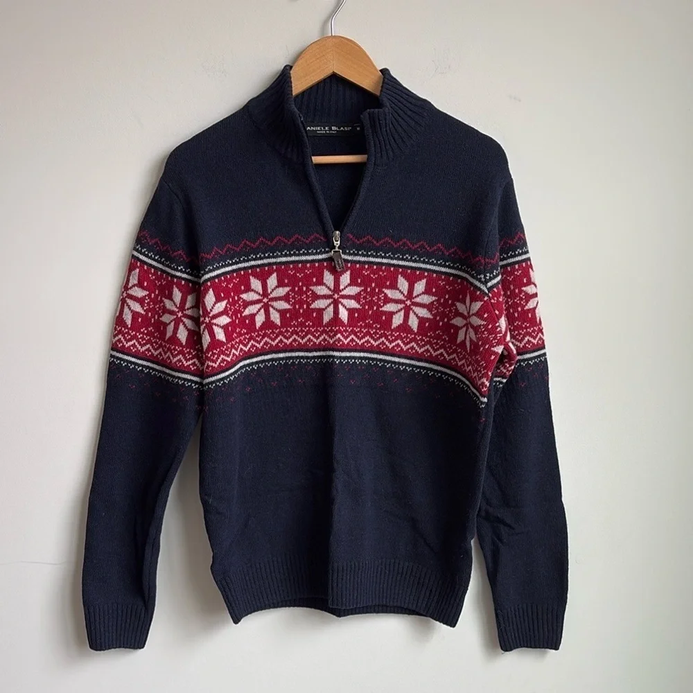 Daniele Blasi Made in Italy Wool Nordic Fair Isle Quarter Zip Sweater M